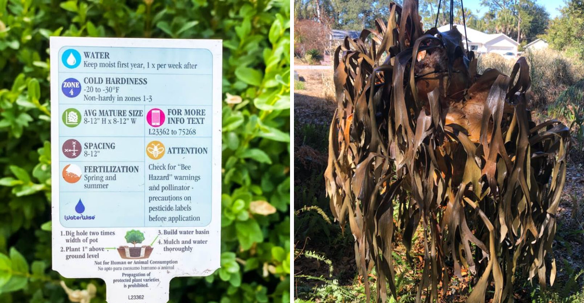 plant tag and wilted plant