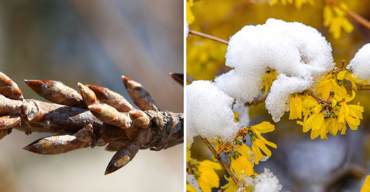 forysthia buds and blooms under snow