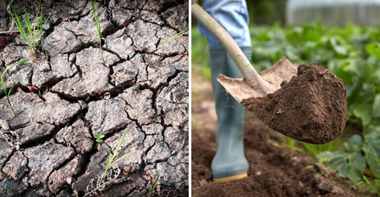 heavy clay soil, and healthy soil in a shovel