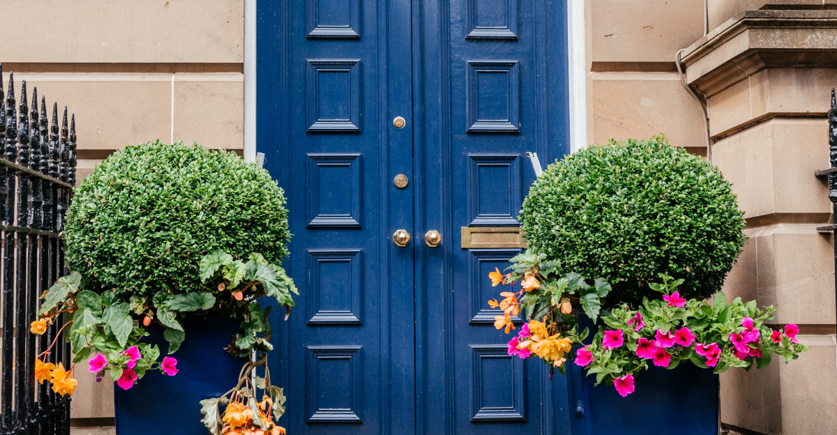 boxwood at blue door