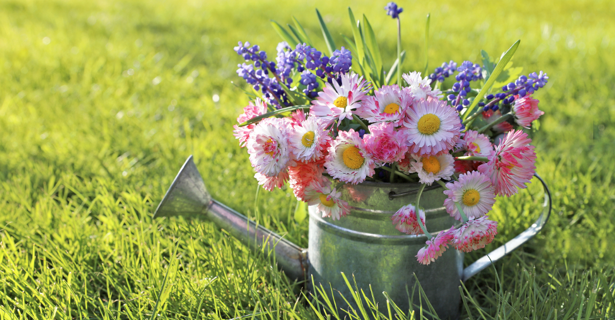 flowers in a watering can