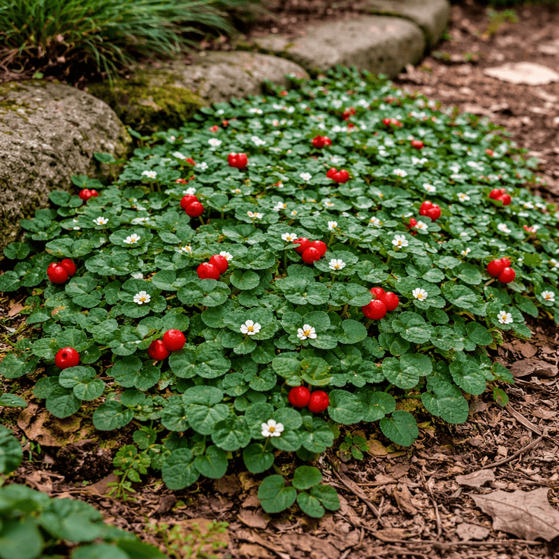 Partridgeberry Spreads Slowly With Glossy Leaves And Bright Berries