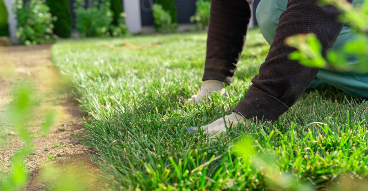 gardener fixing sod on field of backyard
