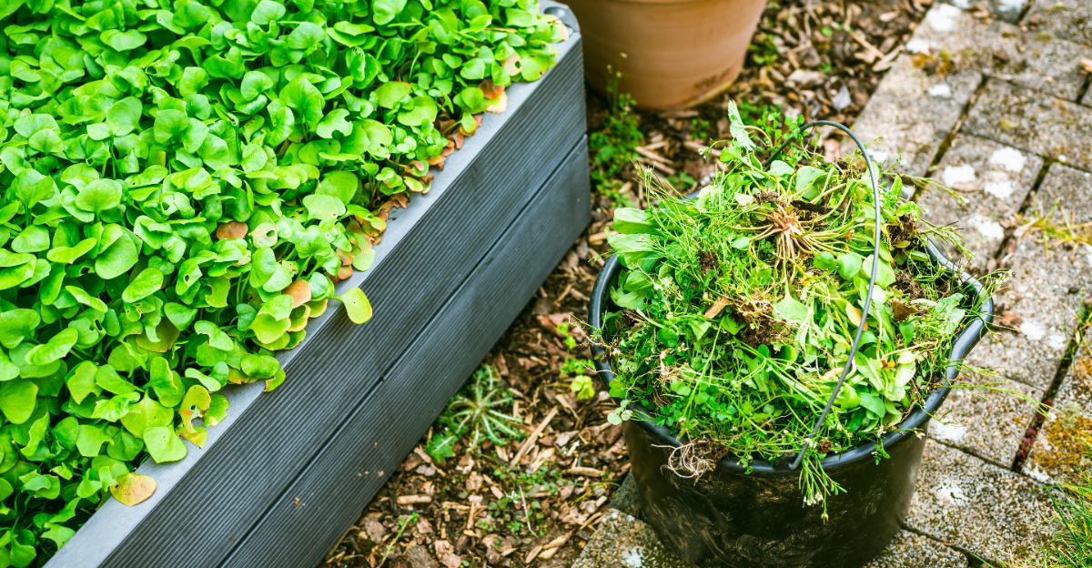 pulling garden weeds
