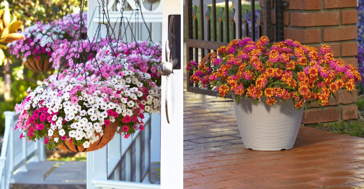 petunias and lantanas in container