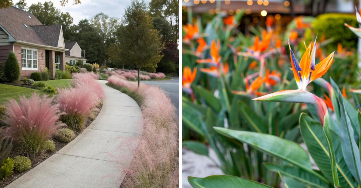 muhly grass and bird of paradise flower