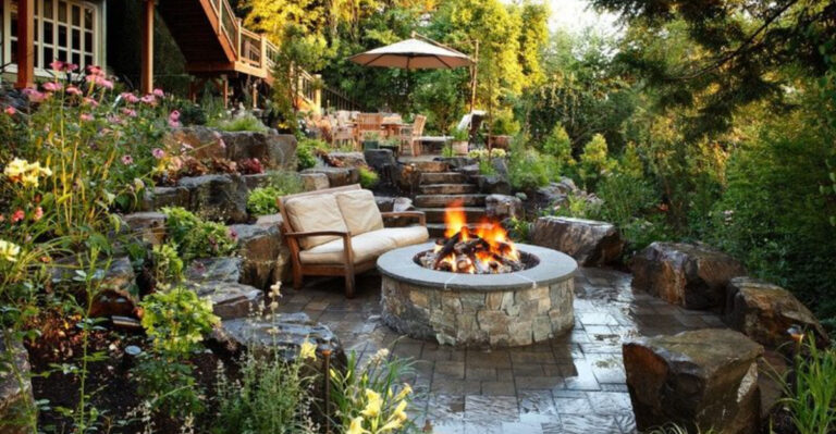 landscape with plants, fire pit, and seating