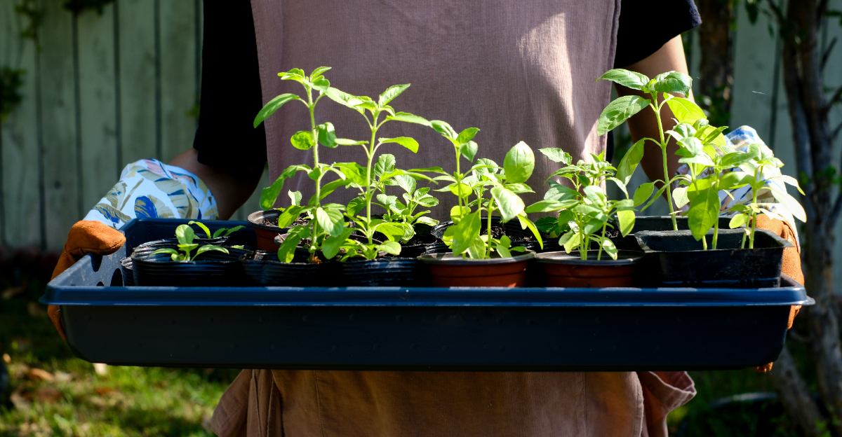 gardener holding seedling tray