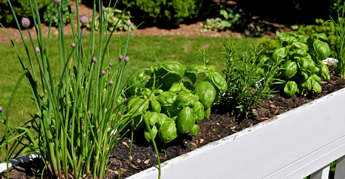 flower box herbs basil chive rosemary herb