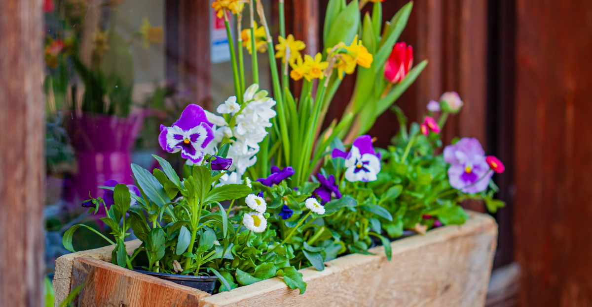 Vibrant flowers in a wooden box adorn a window