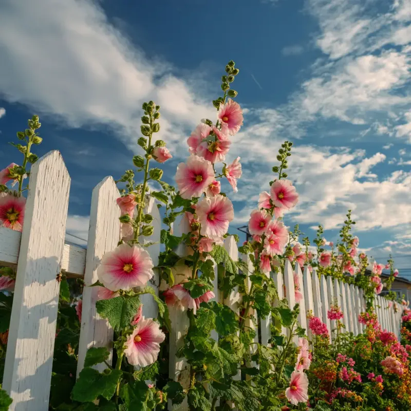 Hollyhocks Line Fences With Vintage Charm