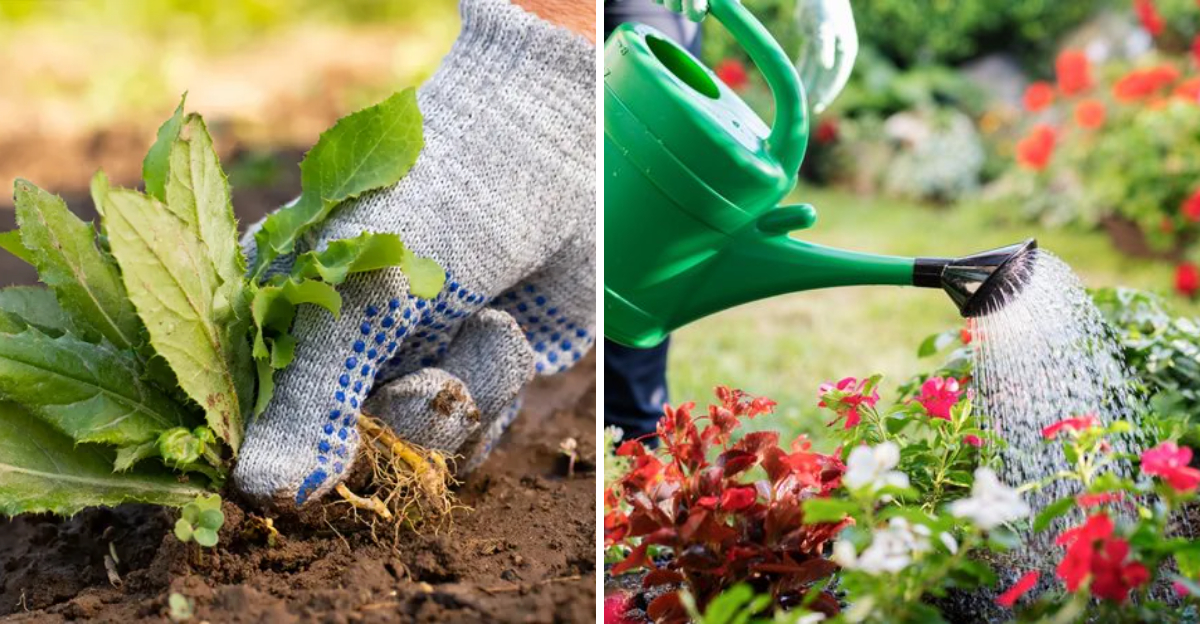 pulling weeds and watering plants