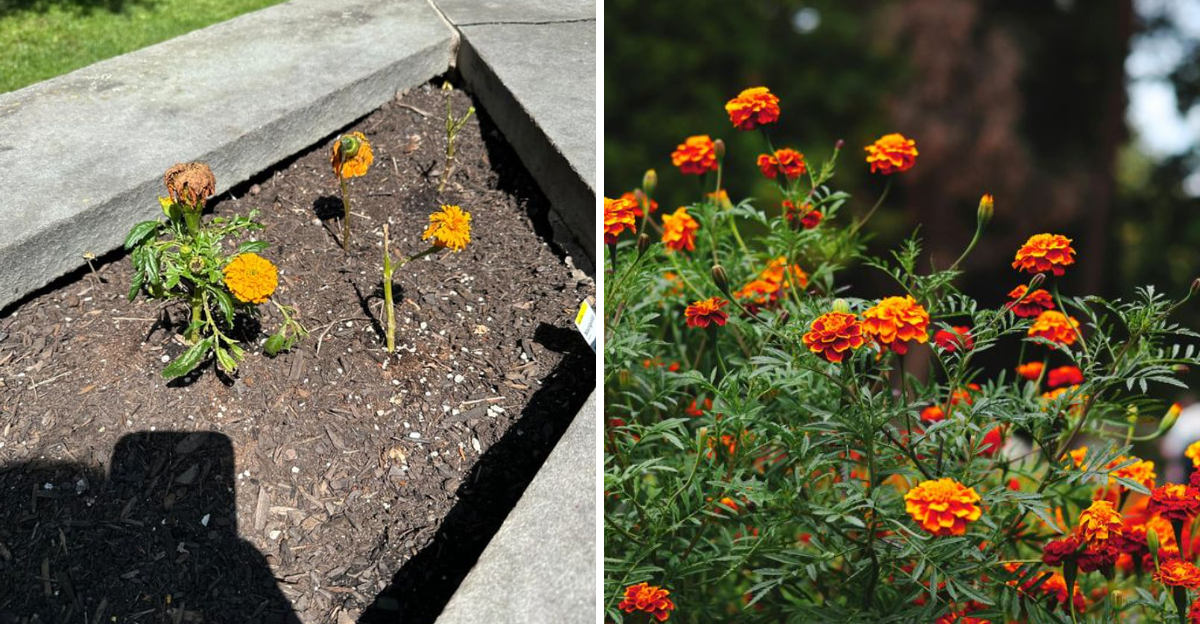 wilted and thriving marigolds