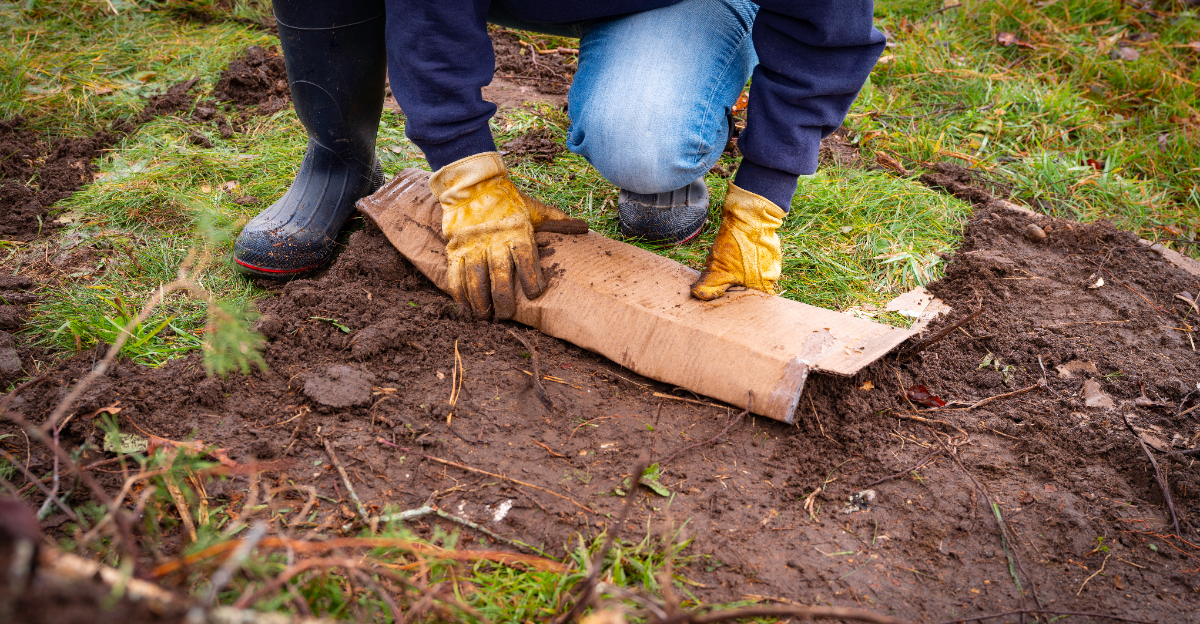 the soil on cardboard