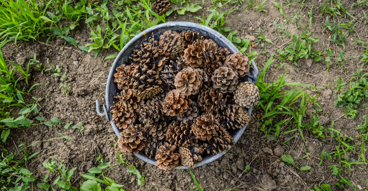 pine cones in a bucket
