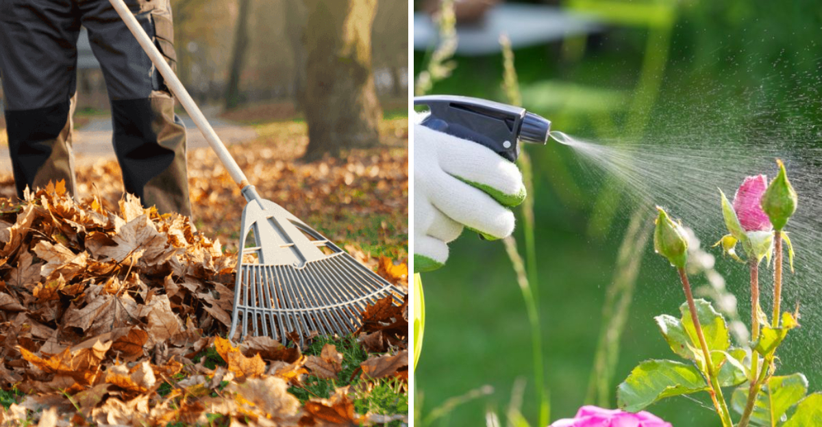 cleaning leaf litter and spraying plants
