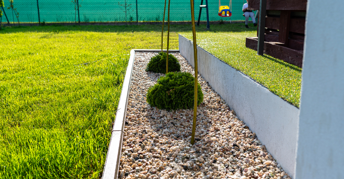 Gravel path separating a lush green lawn