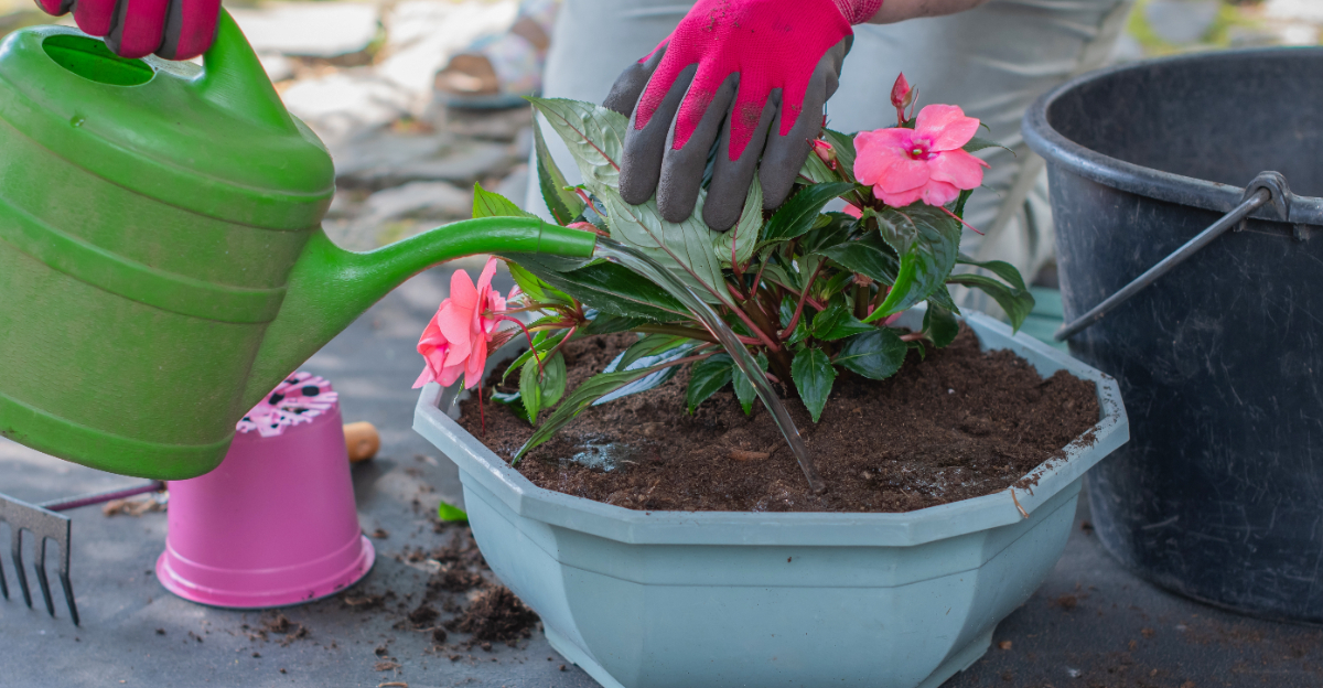 watering potted plant