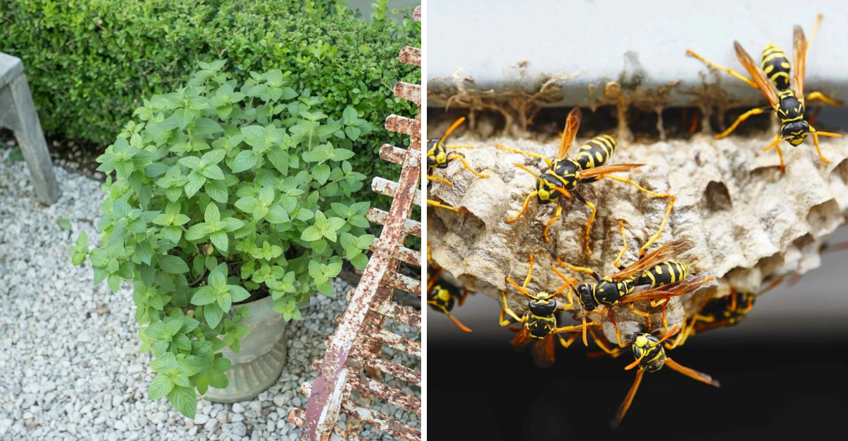 potted mint and wasps