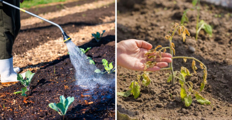 watering plants and wilted plant