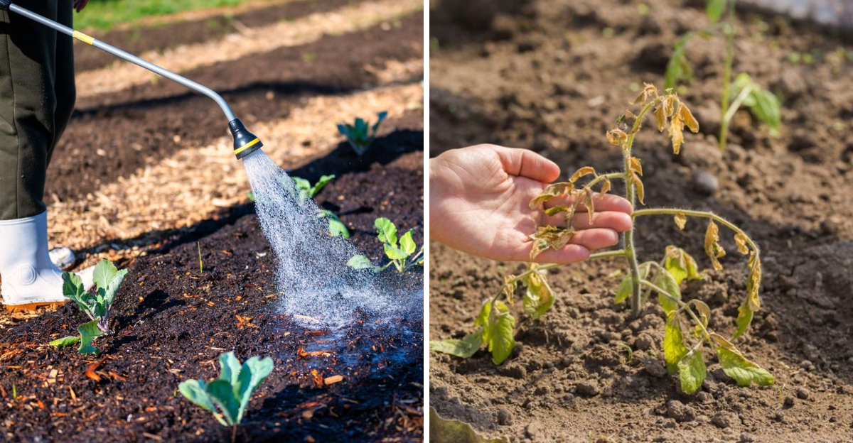 watering plants and wilted plant