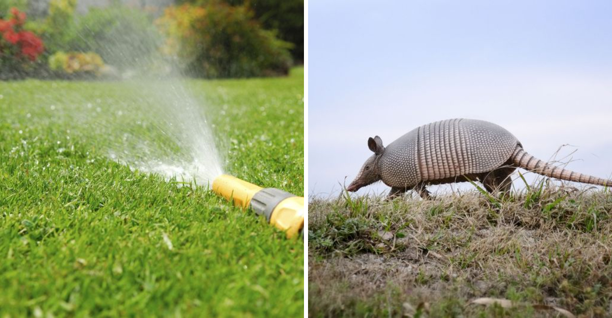 watering lawn and armadillo
