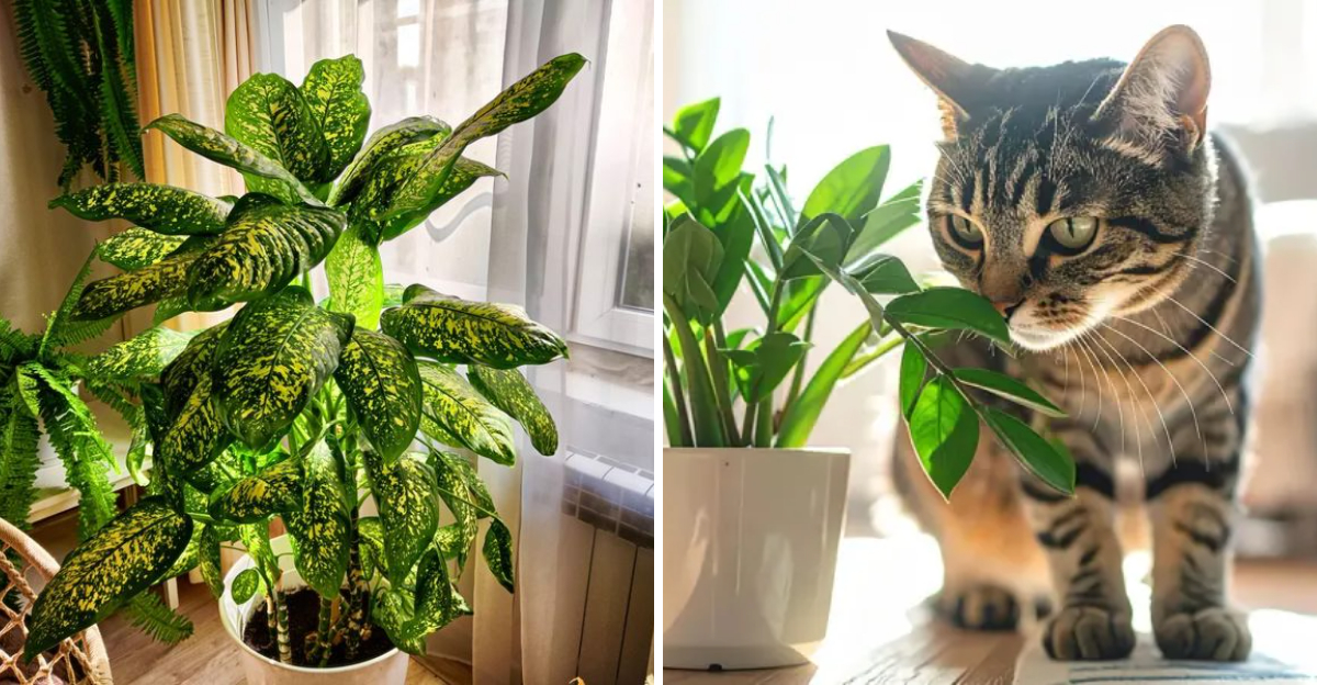 Dieffenbachia and cat next to zz plant