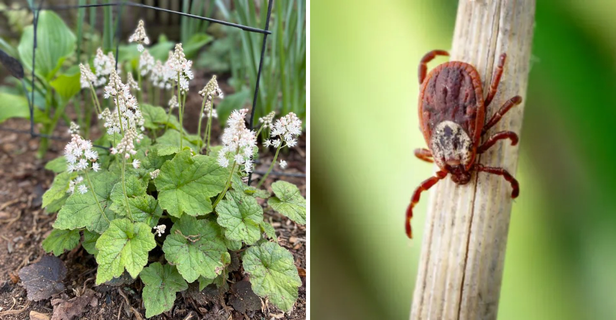 foamflower and tick