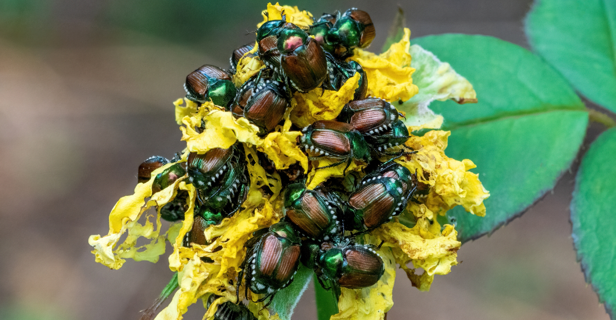 japanese beetles swarming plant