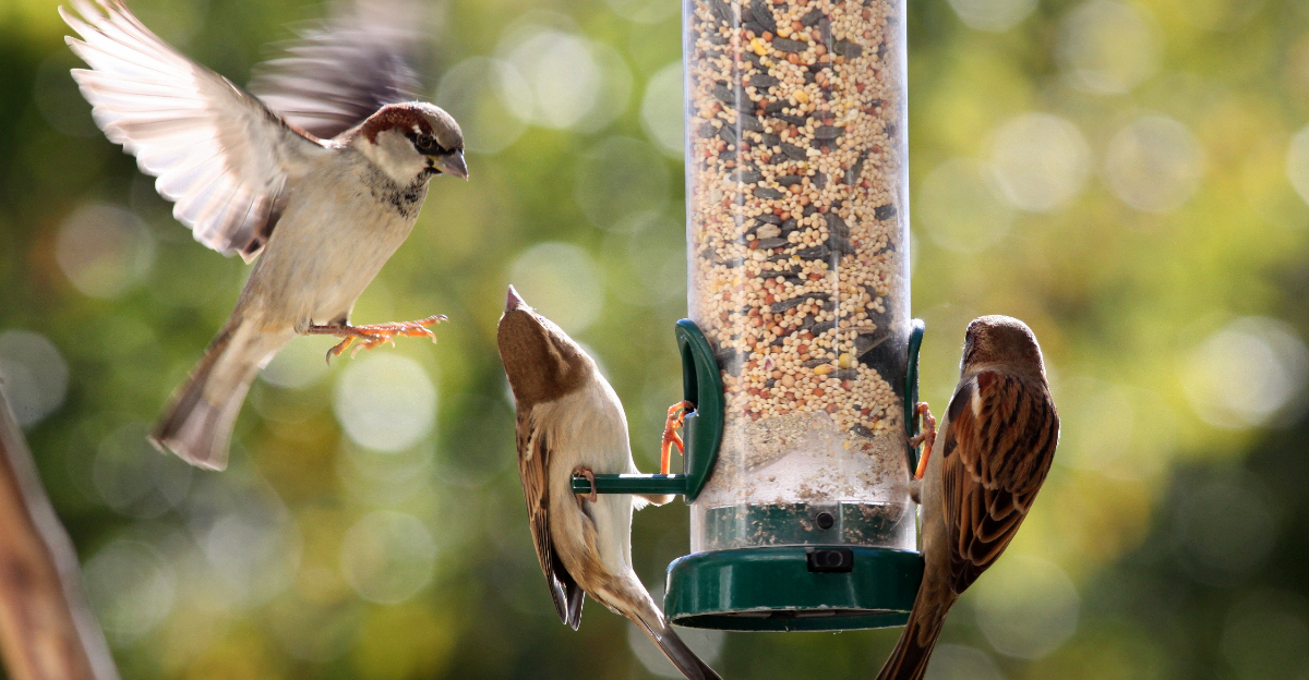 birds on bird feeder