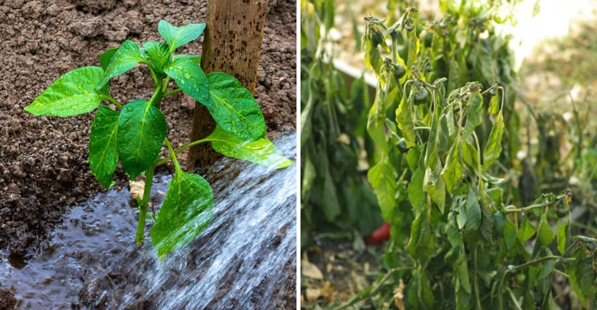 watering plant and wilted plant