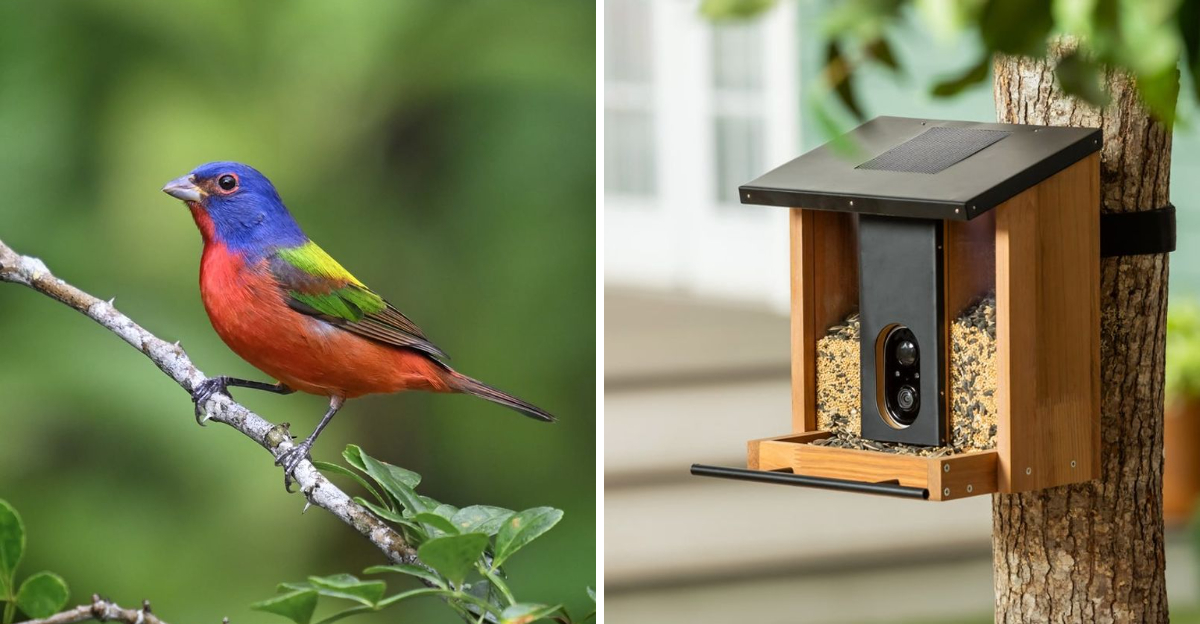 painted bunting and bird feeder