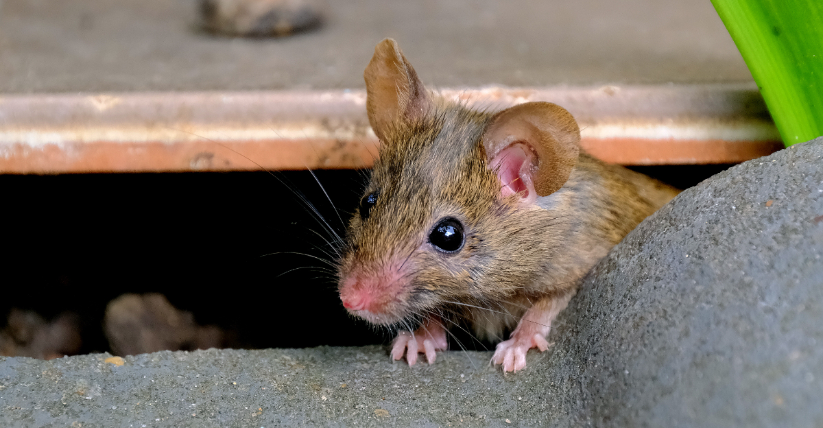 House mouse in urban garden searching for food