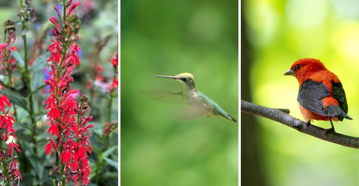 cardinal flower, hummingbird, scarlet tanager