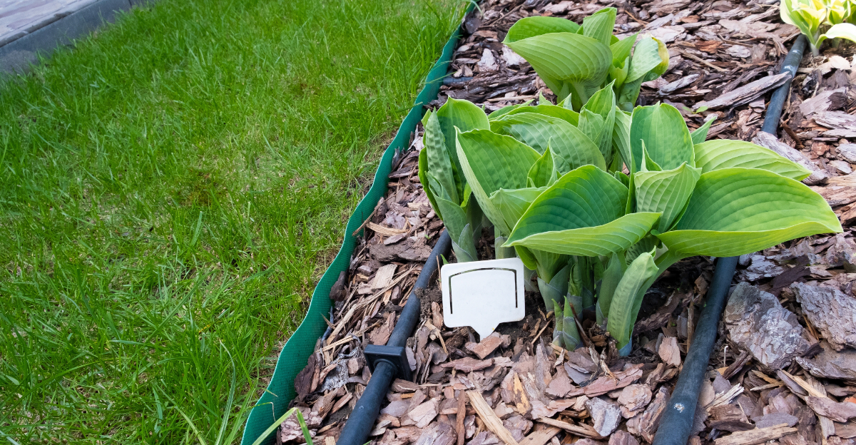 drip irrigation system around Hosta and pine bark mulch