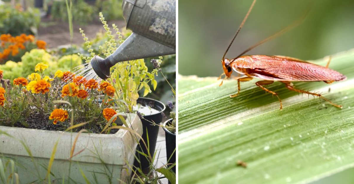 watering plants and roach