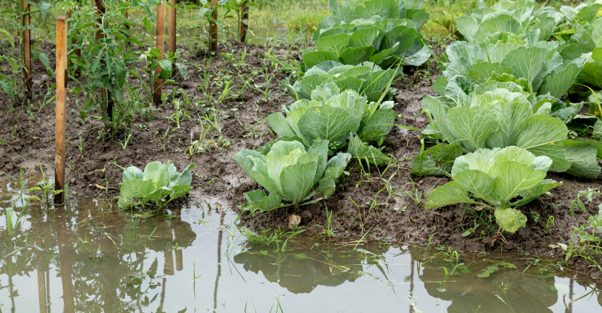 Cabbage and tomato plants submerged after heavy rainfall flooding
