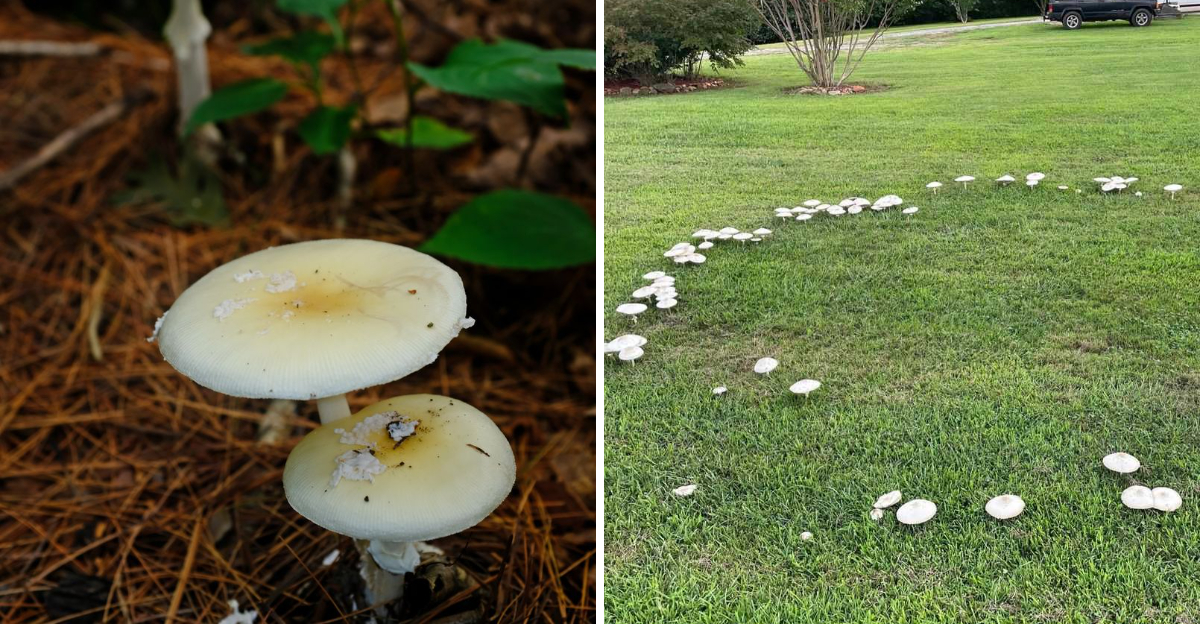 white mushrooms in yard