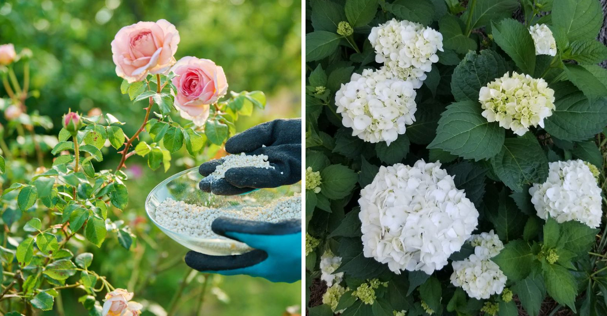 roses and bigleaf hydrangea