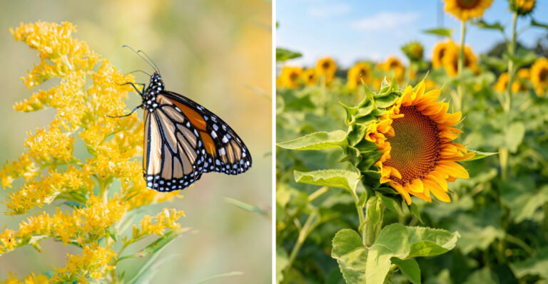 Monarch on goldenrod and sunflower