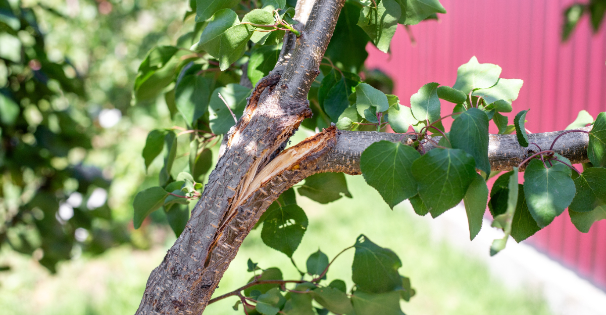 Broken branch on apricot fruit tree