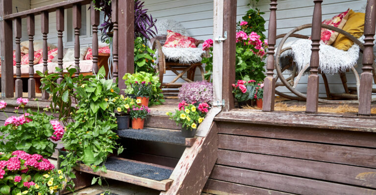 summer porch decorated with bright summer flowers