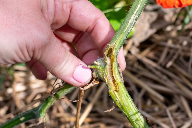 Squash Vine Borers Tunneling Inside Stems