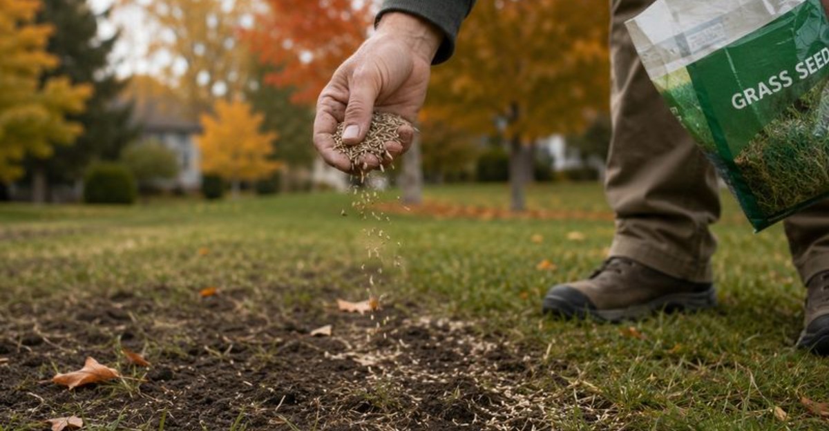 human hand seeding a lawn