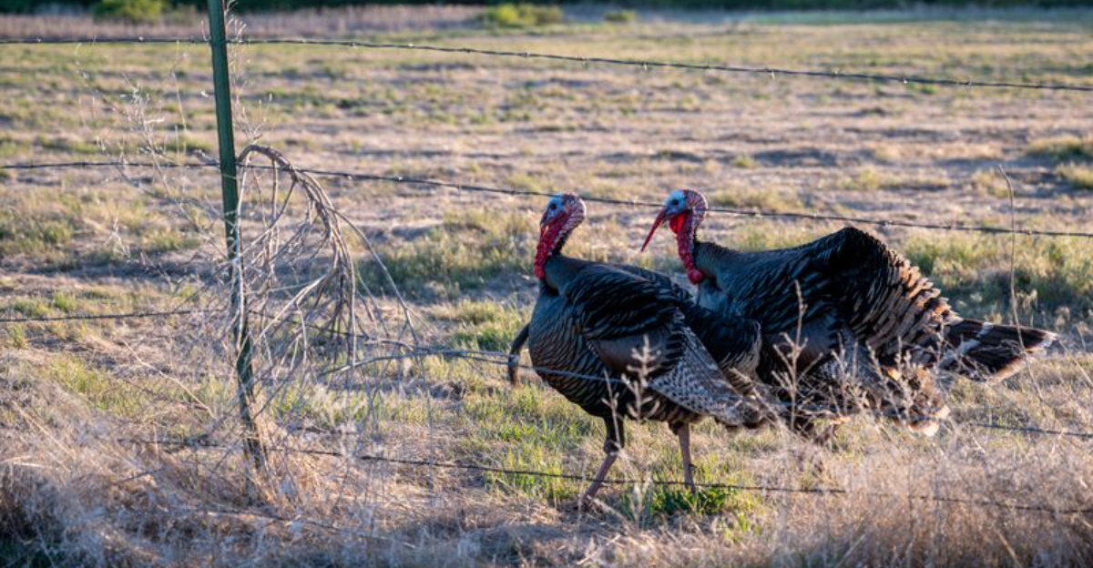 pair of wild turkeys near a fence