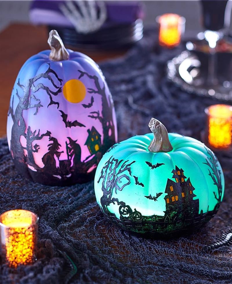 Color Changing LED Lights Turn Pumpkins Green And Purple Color Changing LED Lights Turn Pumpkins Green And Purple