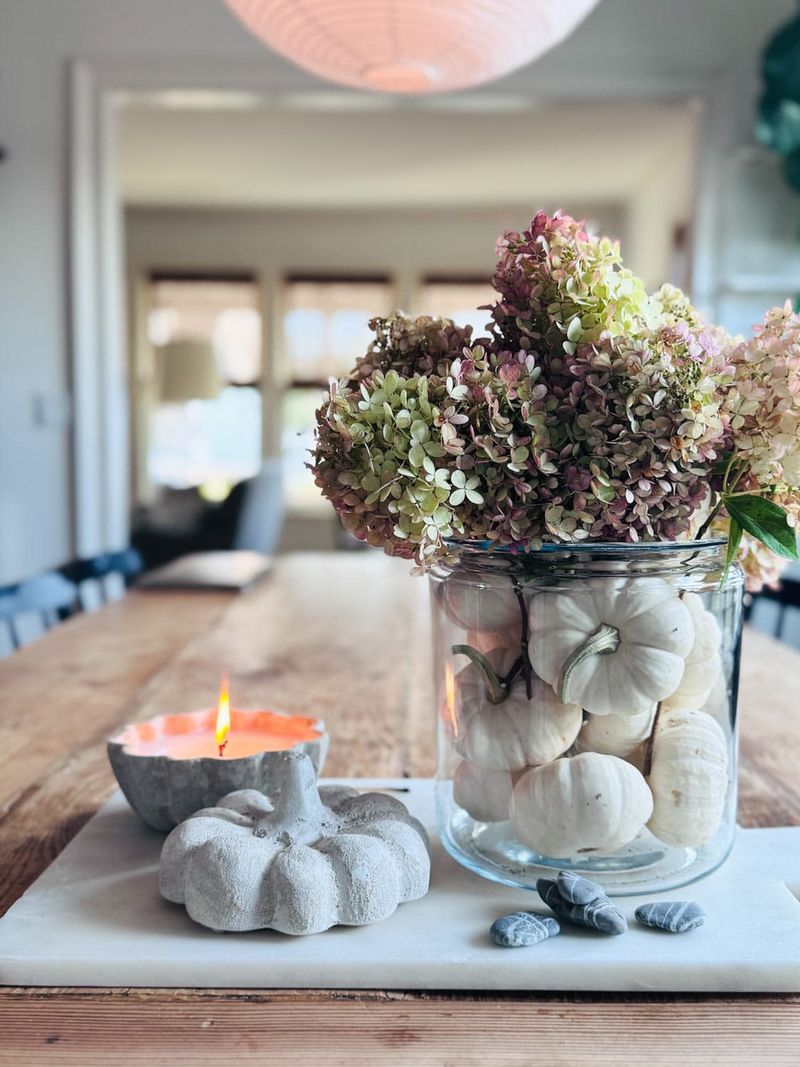 Dried Hydrangea Heads In A Rustic Container