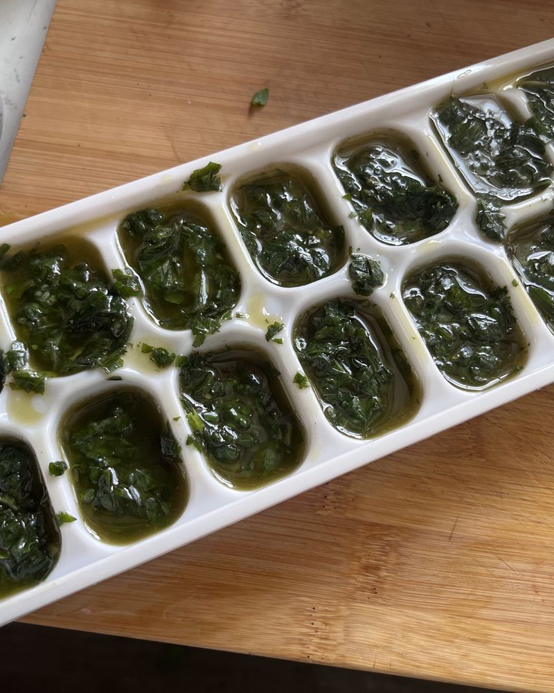Freeze Chopped Basil In Ice Cube Trays Freeze Chopped Basil In Ice Cube Trays