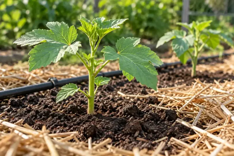 Straw Mulch Around Okra Stems Keeps The Soil Cozy